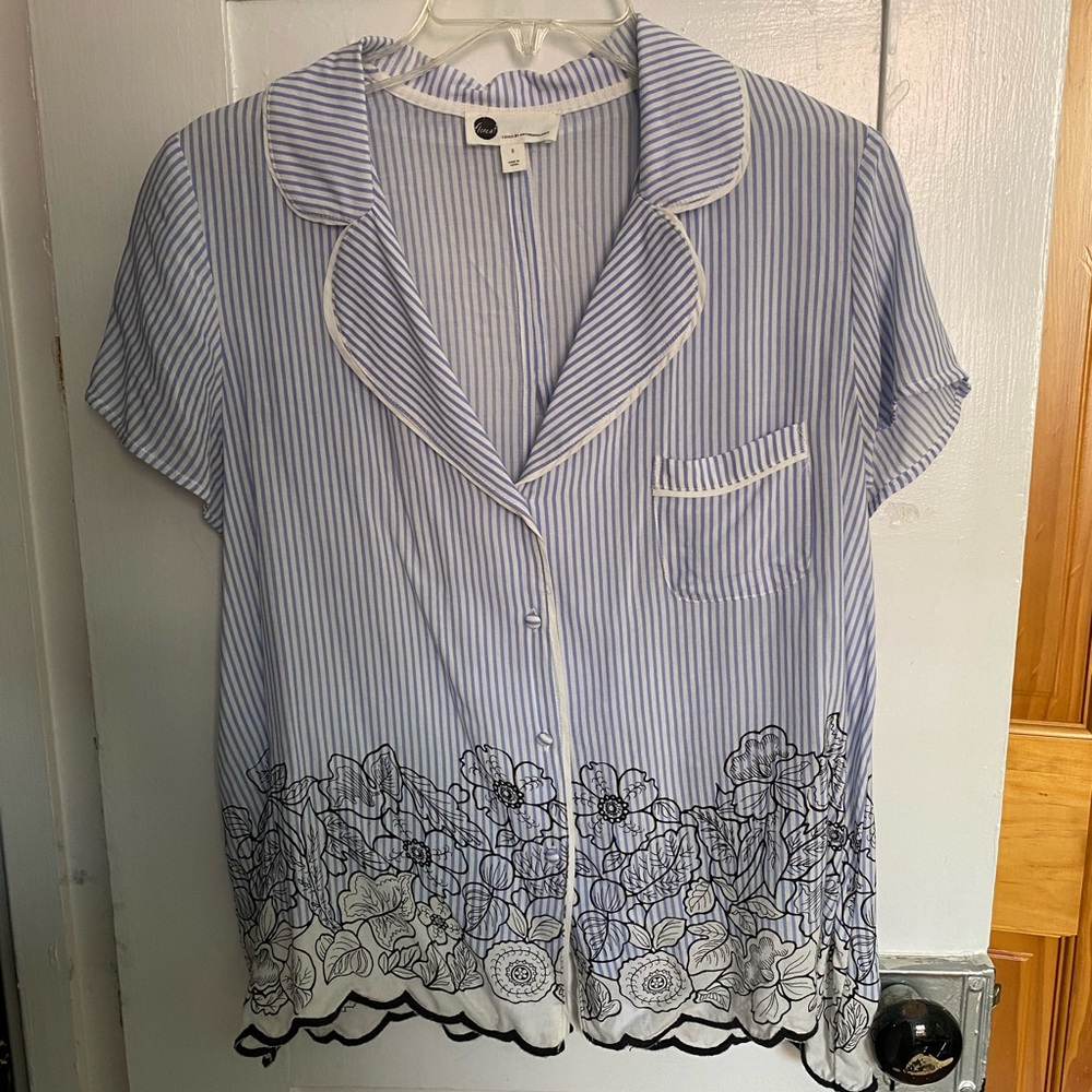 Anthropologie Floreat blue white striped floral tie back button up blouse - S